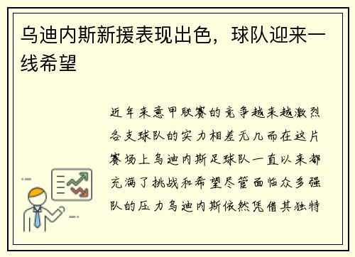 乌迪内斯新援表现出色，球队迎来一线希望