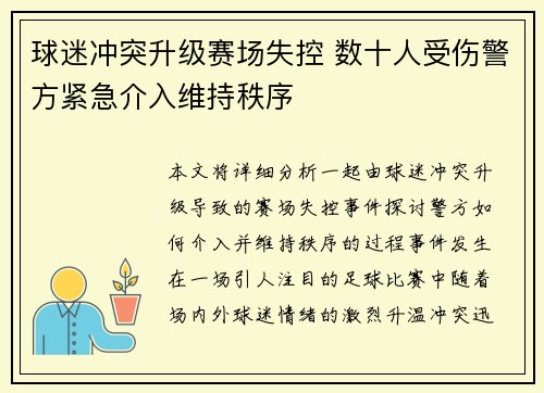 球迷冲突升级赛场失控 数十人受伤警方紧急介入维持秩序